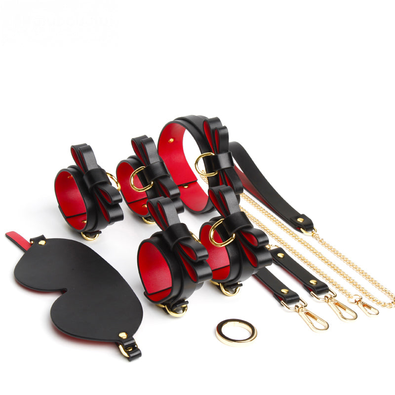 Luxury Bowknot Bondage Set – Leather Collar, Cuffs, Ankle Restraints, Leash & Eye Mask | BDSM Restraint Kit