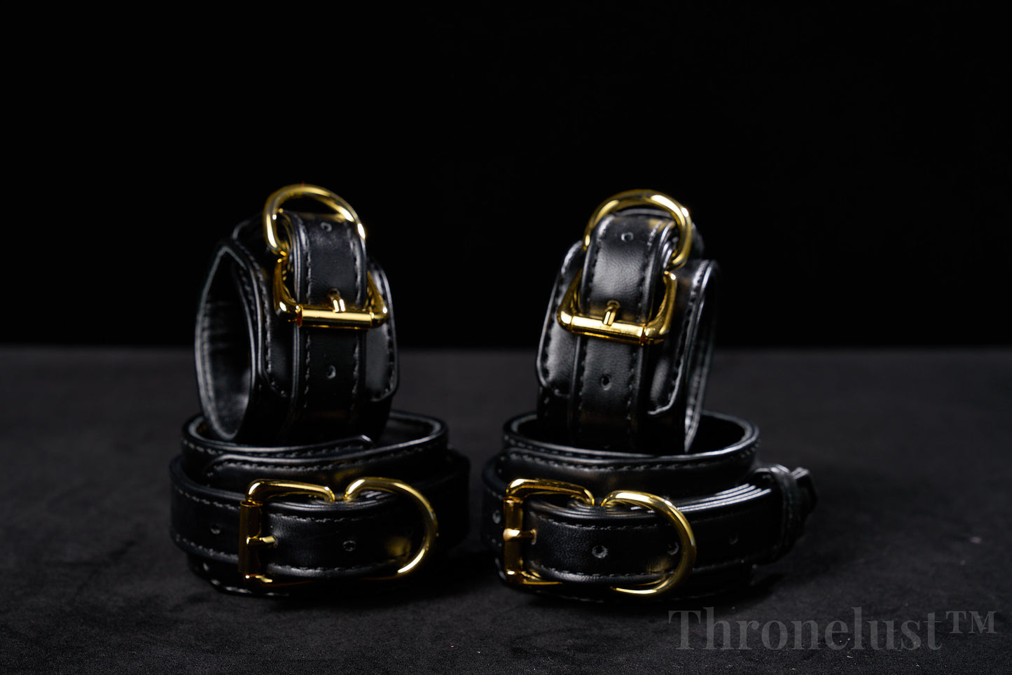 Padded PU Leather Cuffs — Wrist or Ankle, Gold-Tone Hardware, Adjustable D-Rings BLACK