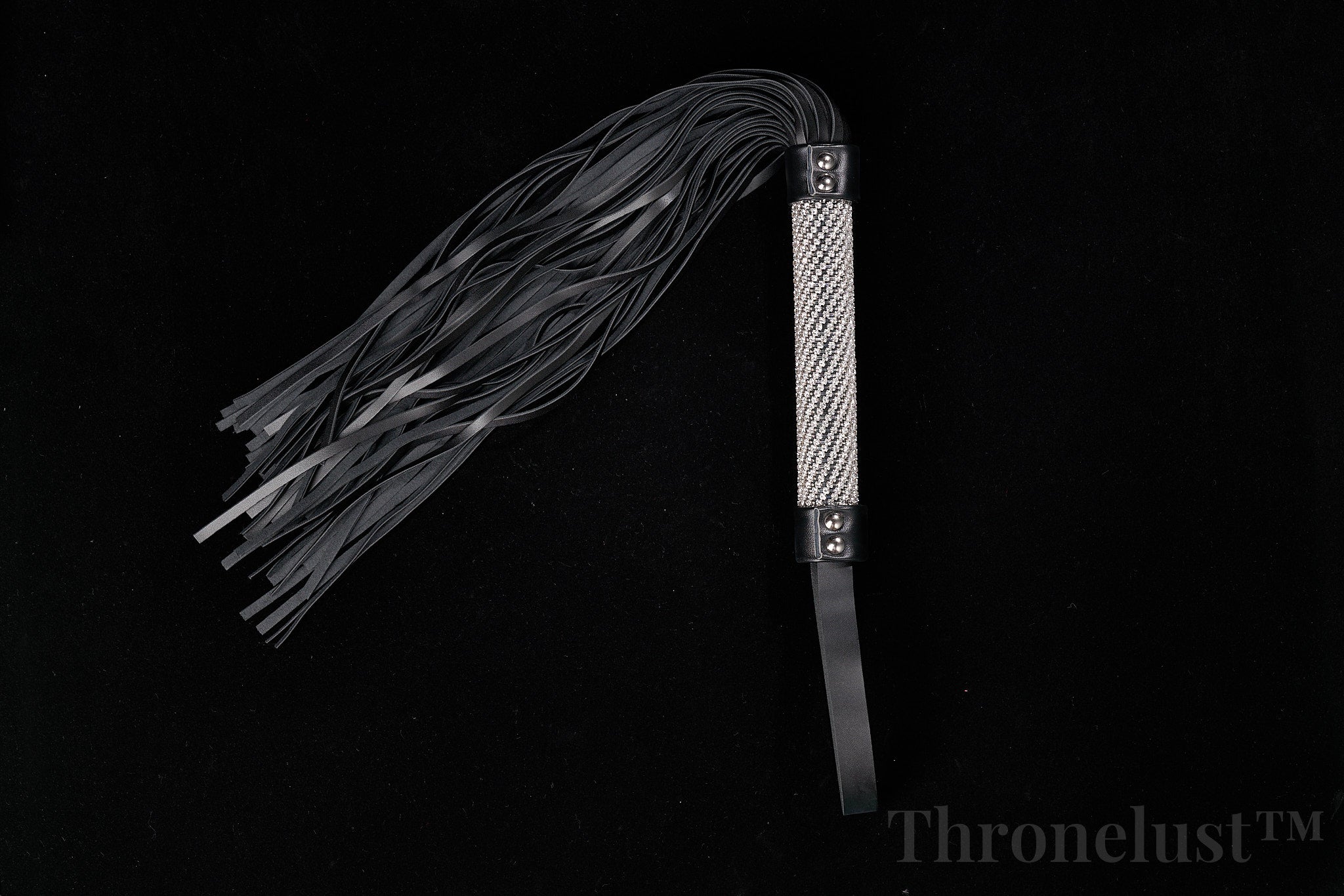 Genuine Leather Flogger – Black BDSM Whip with Crystal-Studded Metal Handle