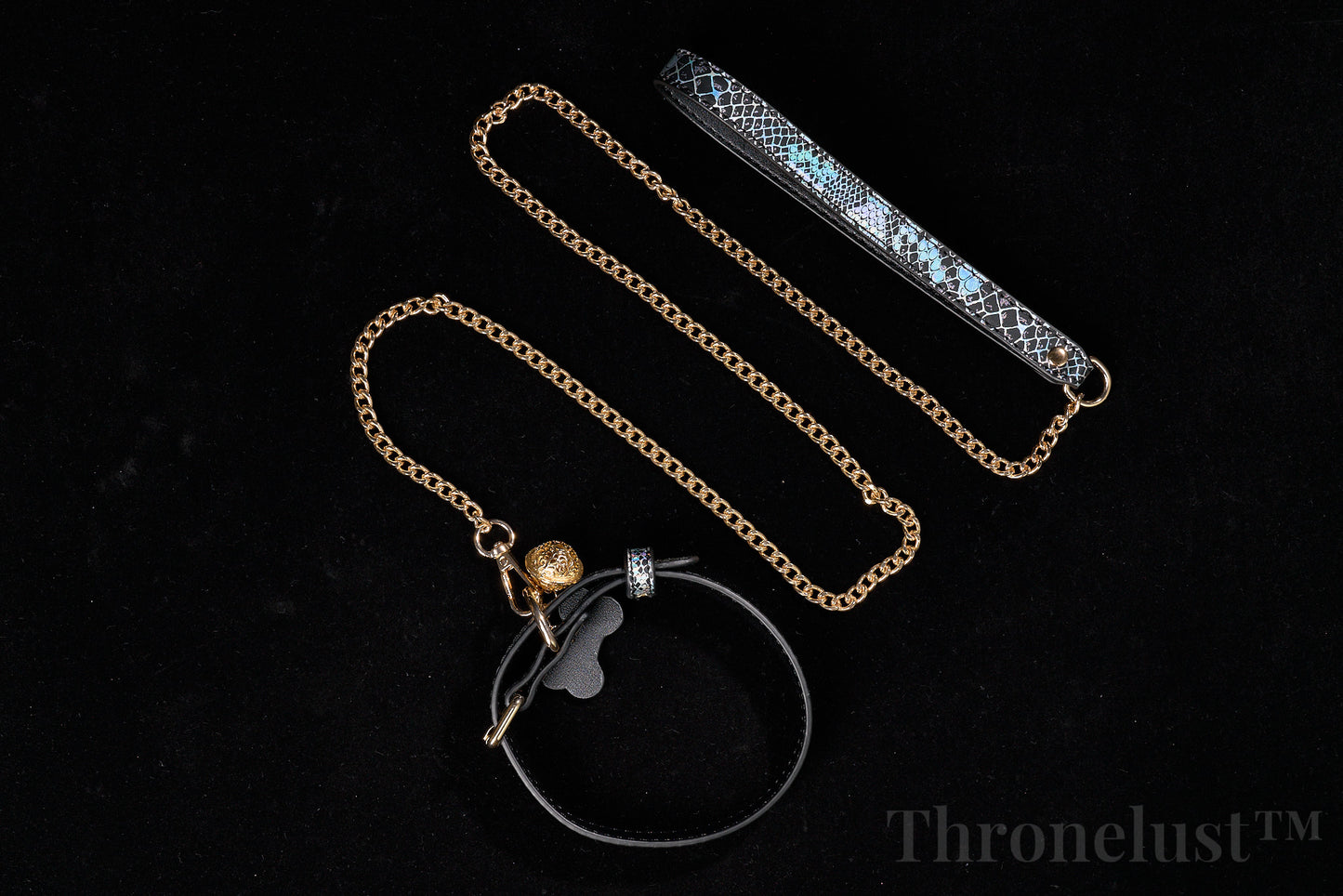 Snake-Pattern PU Leather Collar with Gold Chain Leash – Luxury BDSM Restraint | Thronelust™