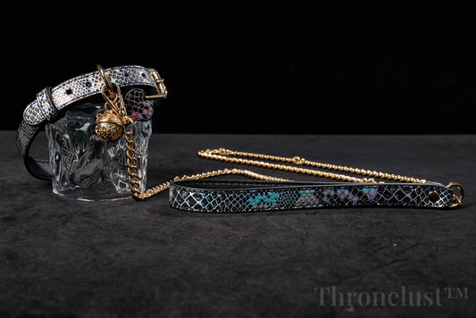 Snake-Pattern PU Leather Collar with Gold Chain Leash – Luxury BDSM Restraint | Thronelust™