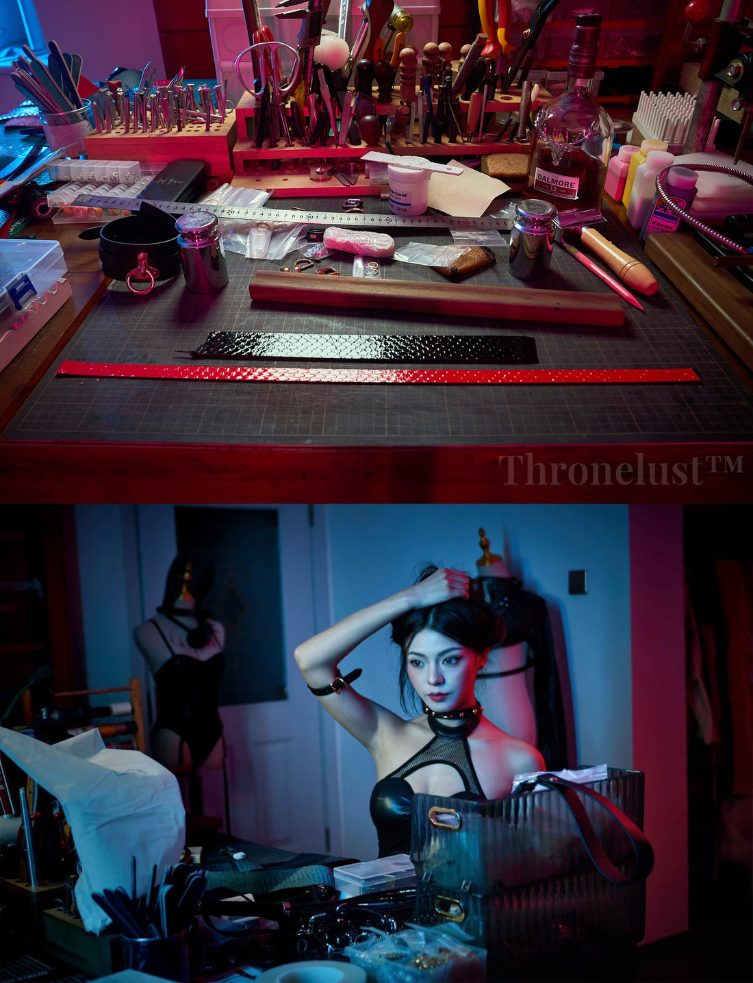 A dimly lit intimate setting with a table displaying leather accessories and tools, while a woman stands in the background, creating a ritual-like and private atmosphere.