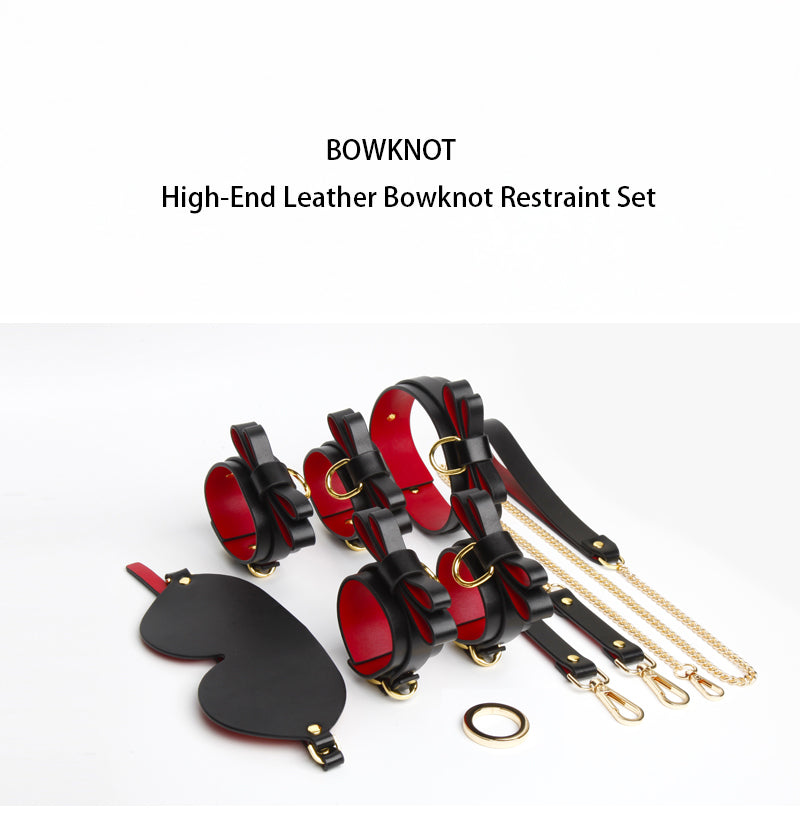 Luxury Bowknot Bondage Set – Leather Collar, Cuffs, Ankle Restraints, Leash & Eye Mask | BDSM Restraint Kit