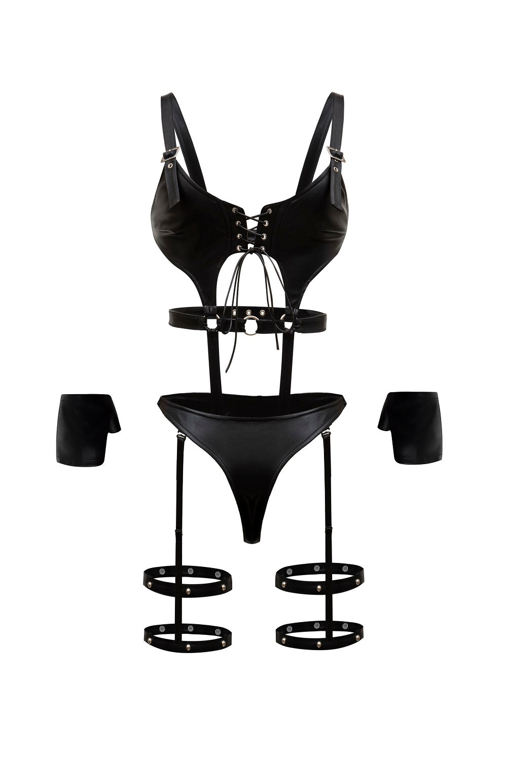 Black Leather Strappy Lingerie Set by Thronelust