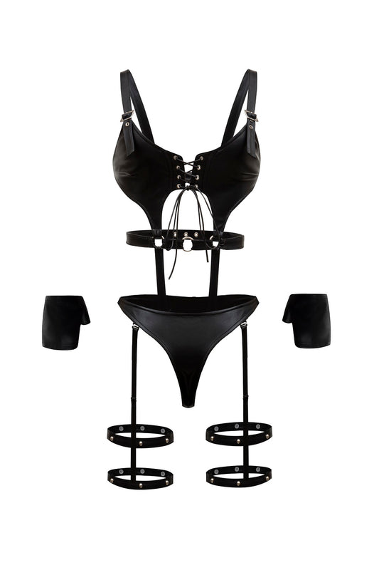 Black Leather Strappy Lingerie Set – Thronelust™