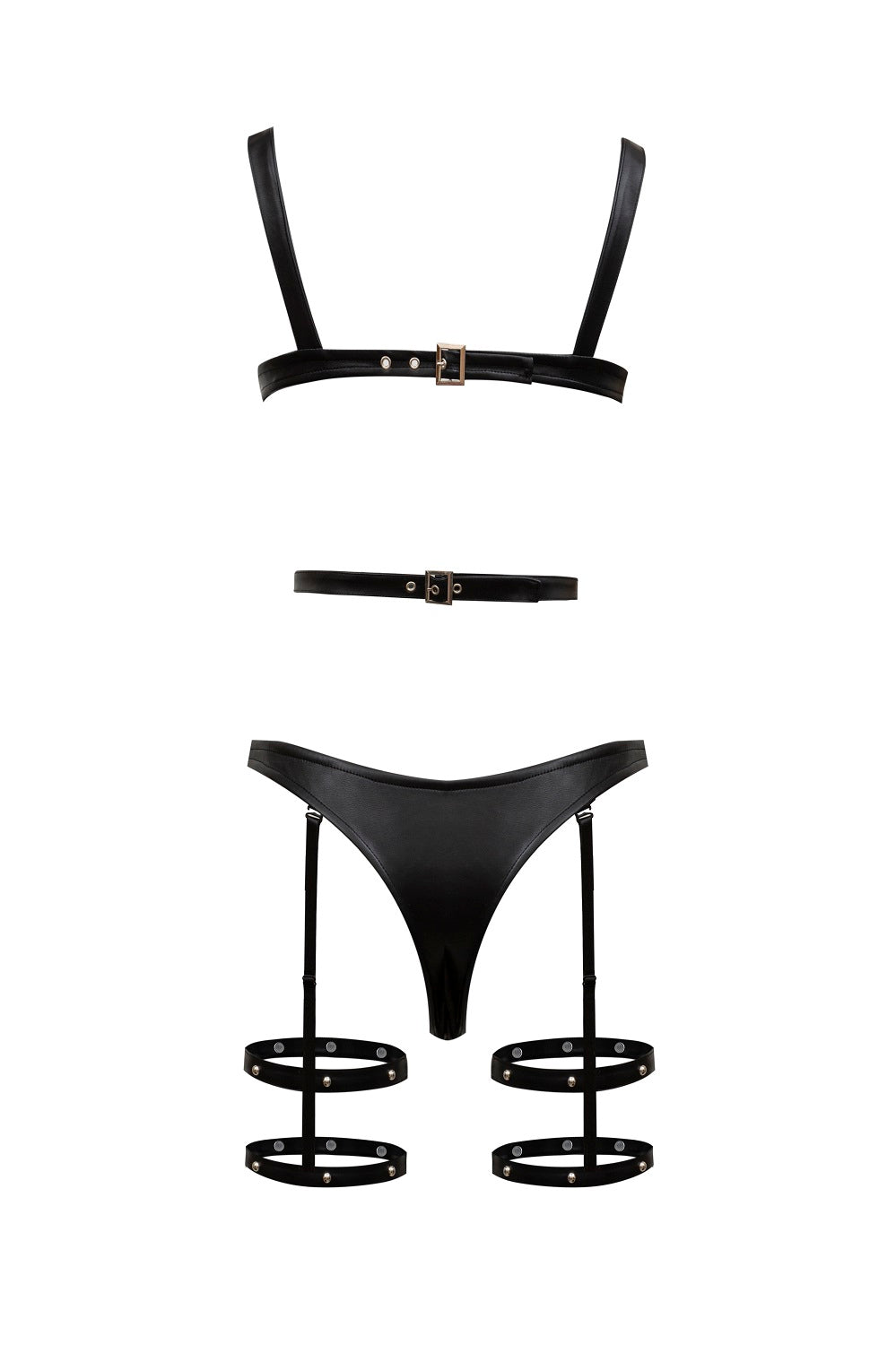 Black Leather Strappy Lingerie Set by Thronelust