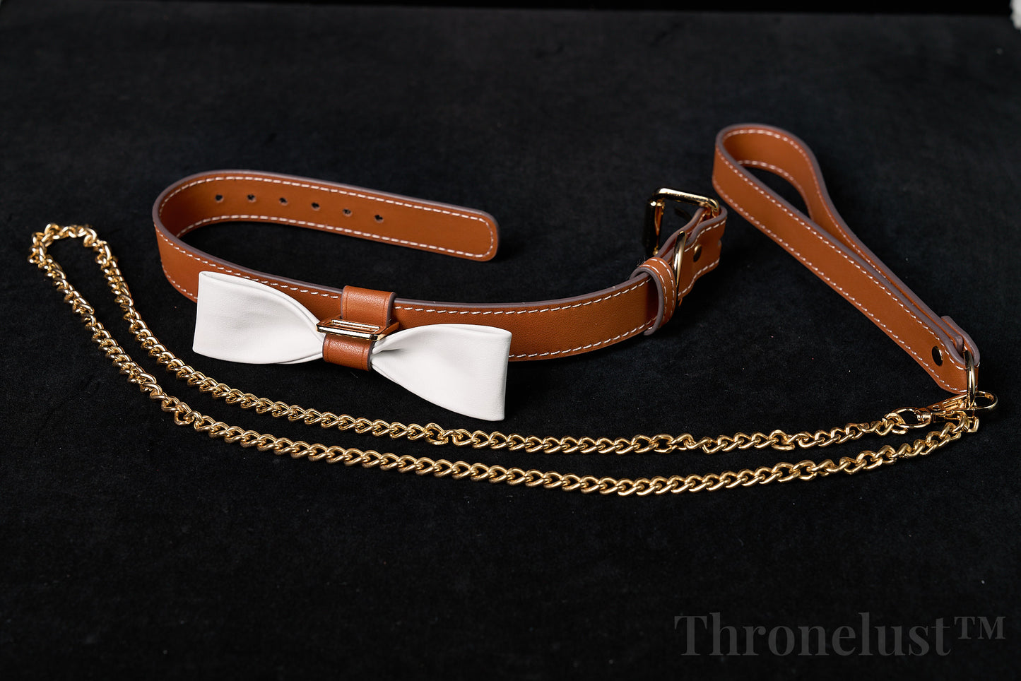 White Bowknot PU Leather Collar with Gold Leash – Adjustable BDSM Accessory