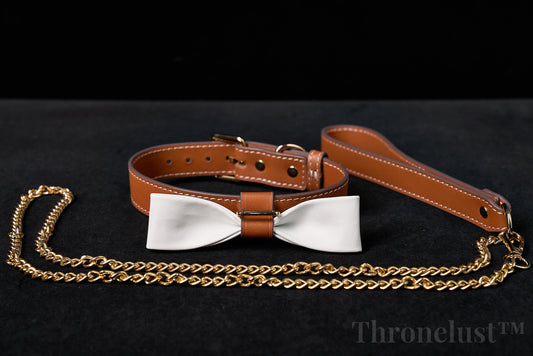 White Bowknot PU Leather Collar with Gold Leash – Adjustable BDSM Accessory