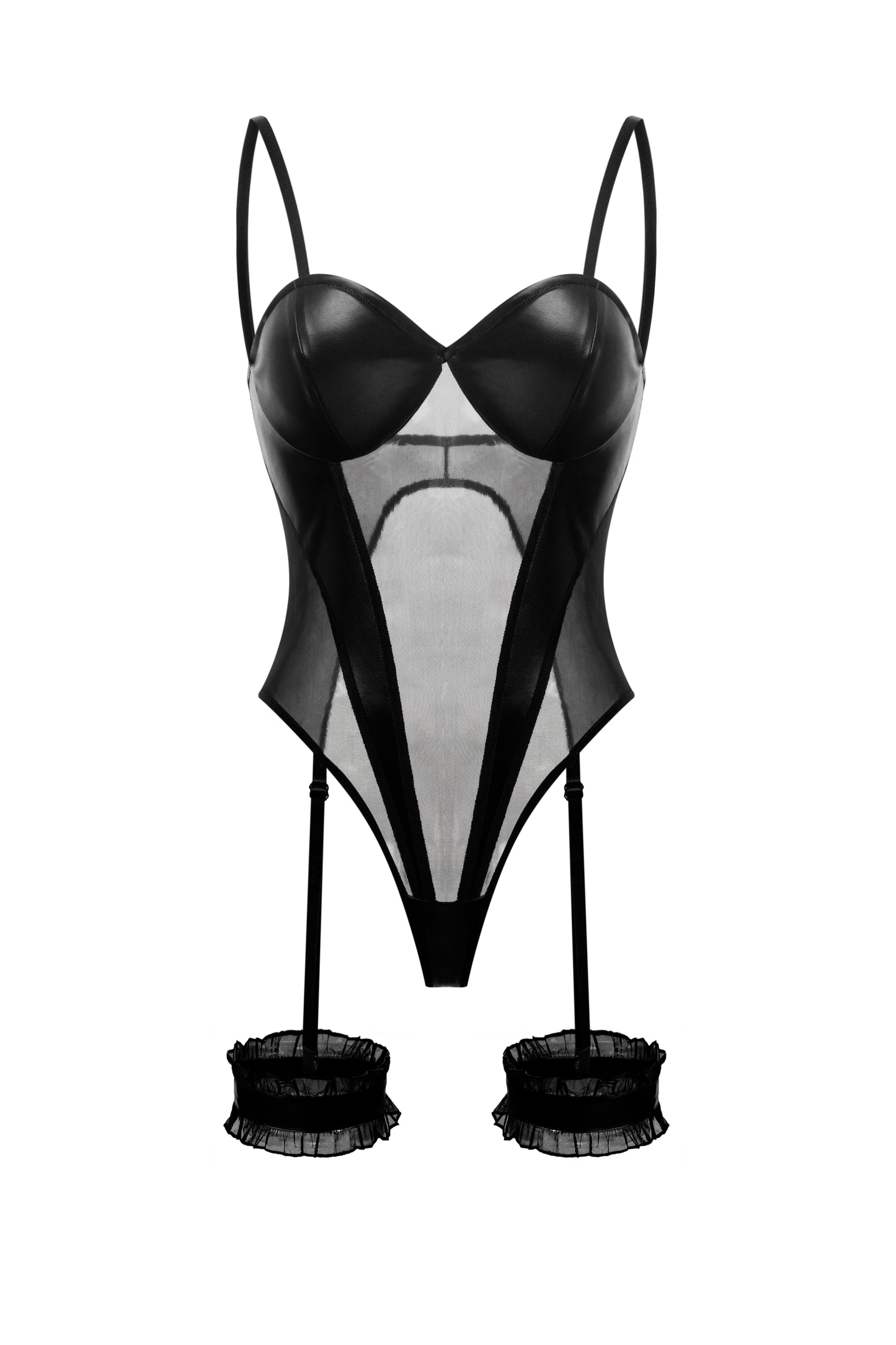 Black Mesh Leather Bodysuit Lingerie by Thronelust