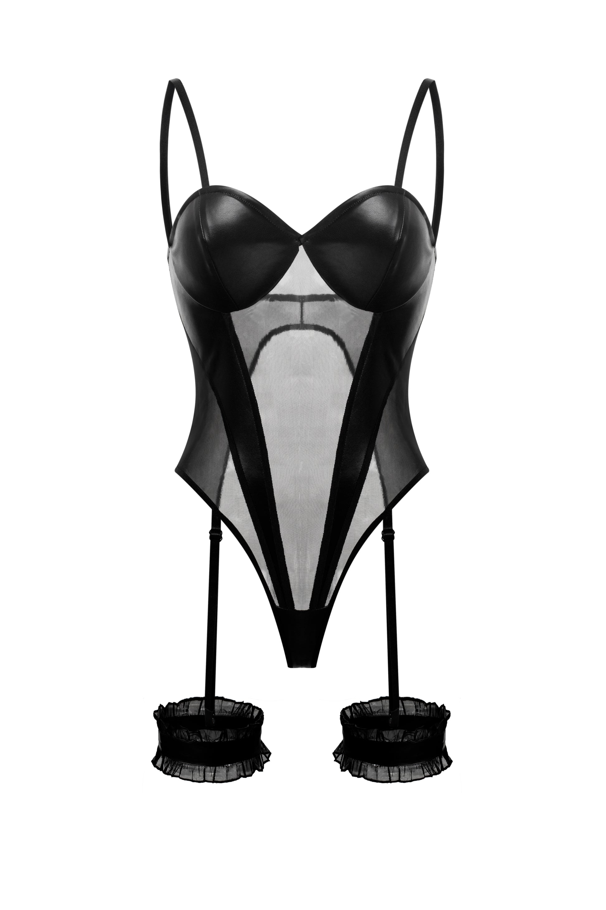 Black Mesh Leather Bodysuit Lingerie by Thronelust