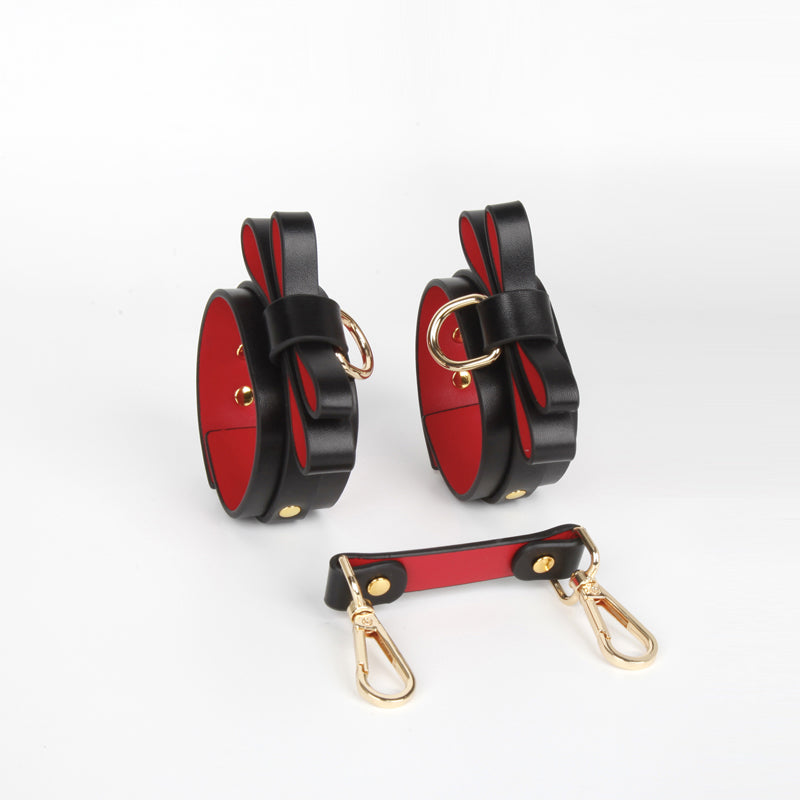 Luxury Bowknot Bondage Set – Leather Collar, Cuffs, Ankle Restraints, Leash & Eye Mask | BDSM Restraint Kit