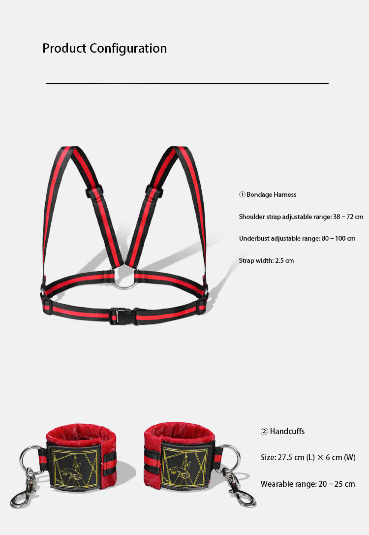 Bondage Harness Restraint Set with Handcuffs & Ankle Cuffs – Adjustable PU Leather Straps | BDSM Gear