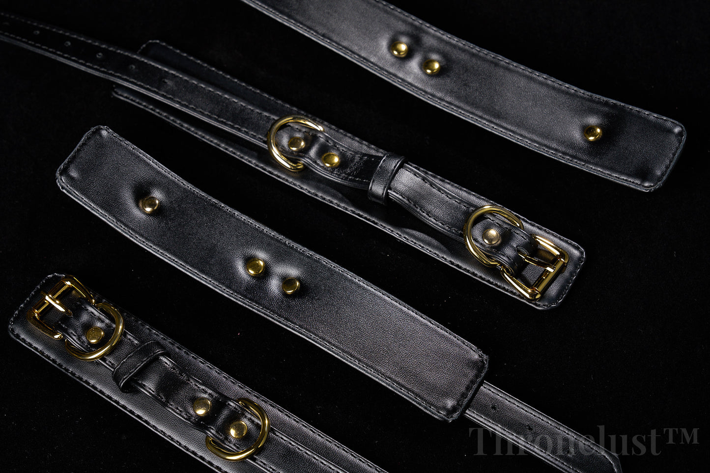 Padded PU Leather Cuffs — Wrist or Ankle, Gold-Tone Hardware, Adjustable D-Rings BLACK
