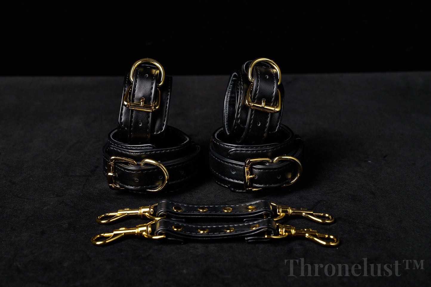 Padded PU Leather Cuffs — Wrist or Ankle, Gold-Tone Hardware, Adjustable D-Rings BLACK