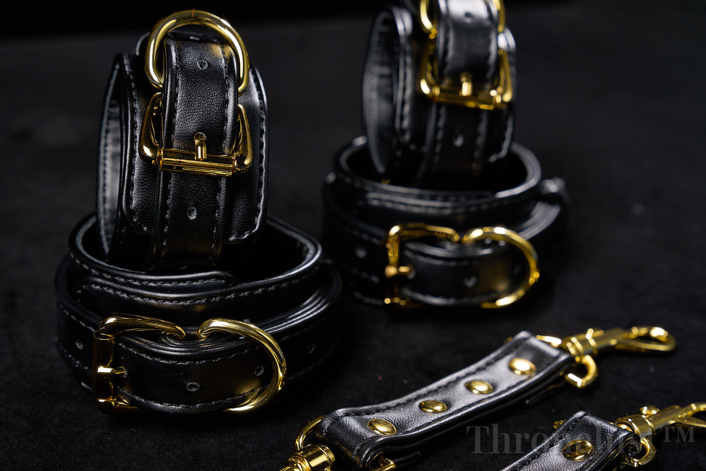 Padded PU Leather Cuffs — Wrist or Ankle, Gold-Tone Hardware, Adjustable D-Rings BLACK