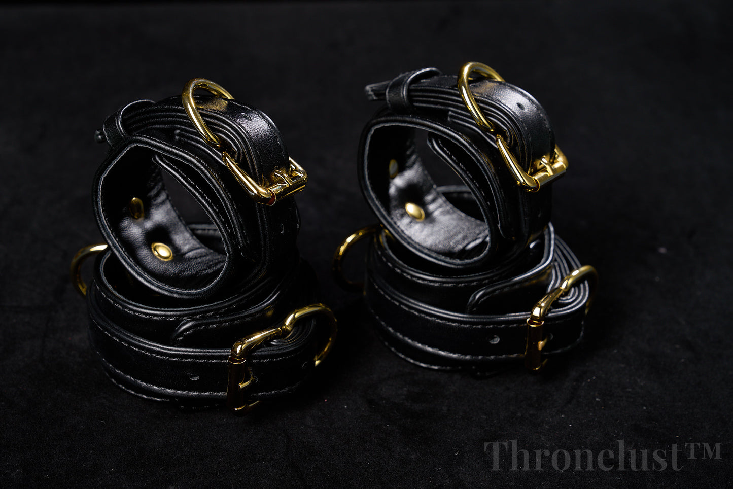 Padded PU Leather Cuffs — Wrist or Ankle, Gold-Tone Hardware, Adjustable D-Rings BLACK