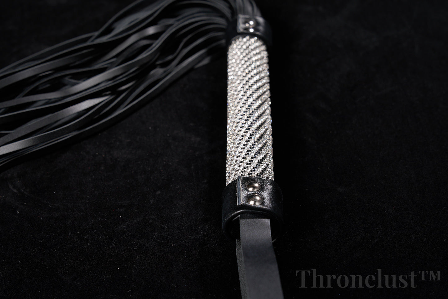 Genuine Leather Flogger – Black BDSM Whip with Crystal-Studded Metal Handle
