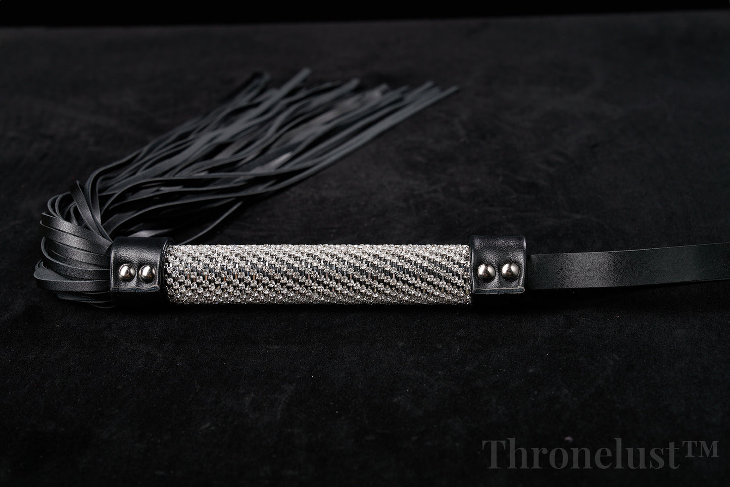 Genuine Leather Flogger – Black BDSM Whip with Crystal-Studded Metal Handle