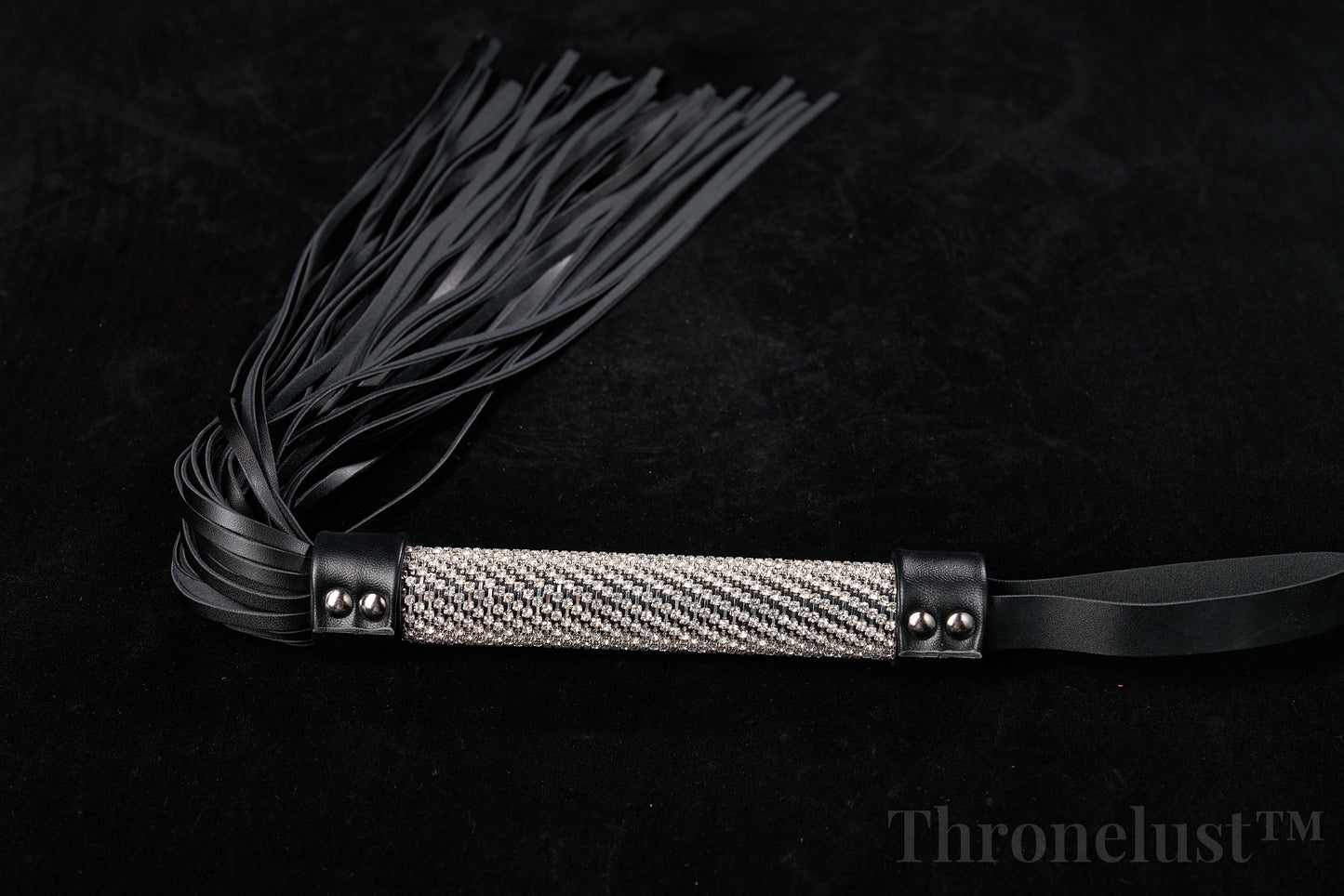 Genuine Leather Flogger – Black BDSM Whip with Crystal-Studded Metal Handle