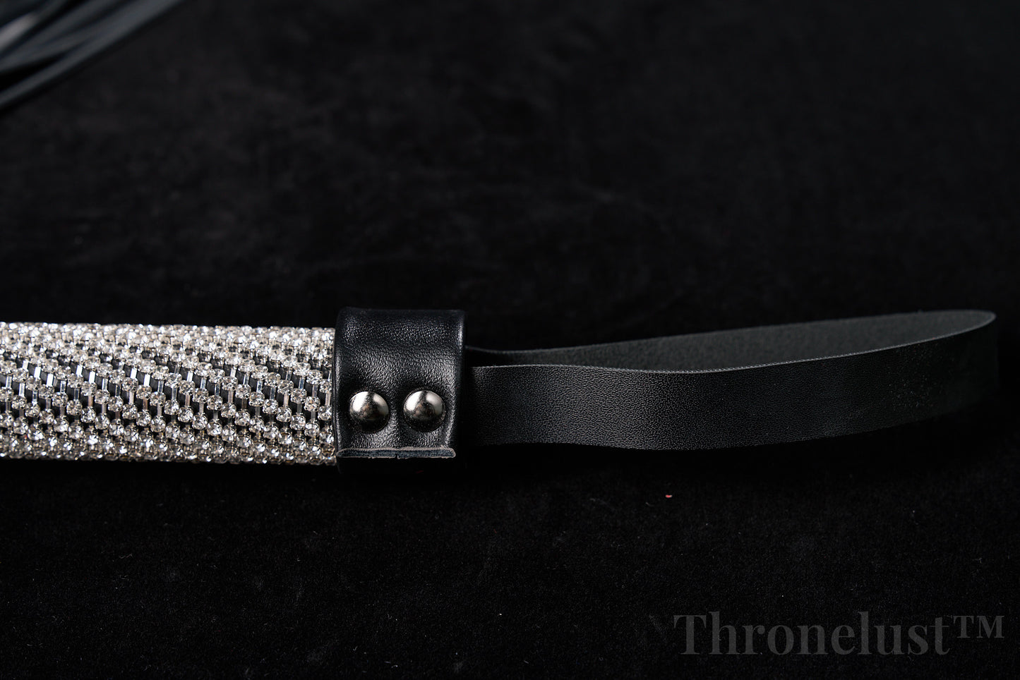 Genuine Leather Flogger – Black BDSM Whip with Crystal-Studded Metal Handle