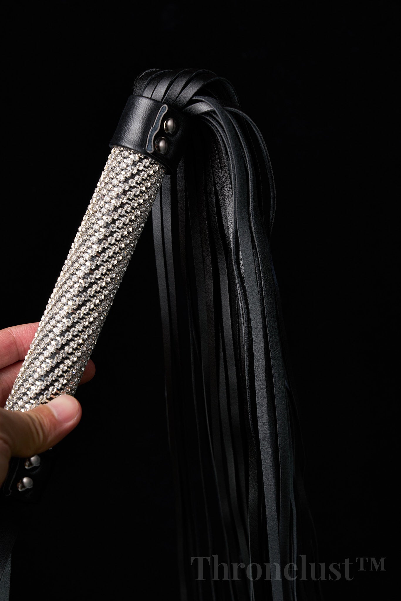 Genuine Leather Flogger – Black BDSM Whip with Crystal-Studded Metal Handle