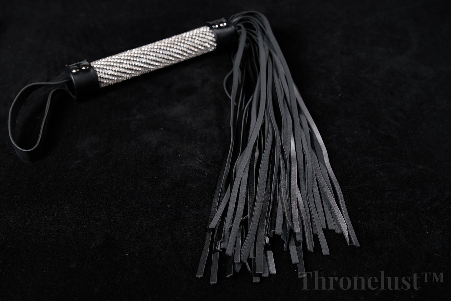 Genuine Leather Flogger – Black BDSM Whip with Crystal-Studded Metal Handle