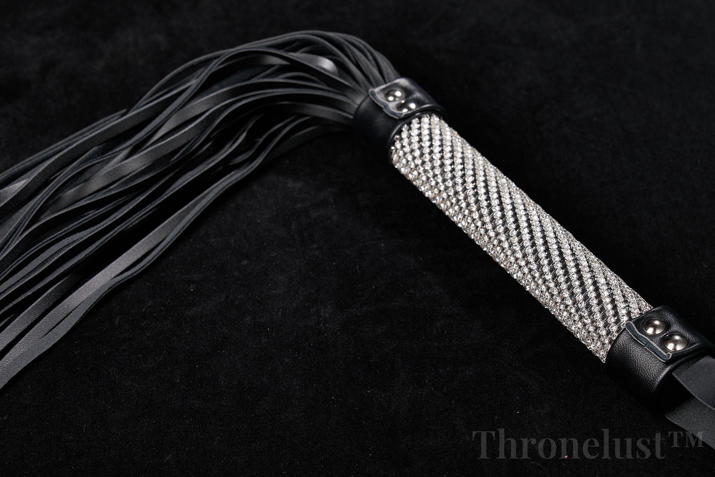 Genuine Leather Flogger – Black BDSM Whip with Crystal-Studded Metal Handle
