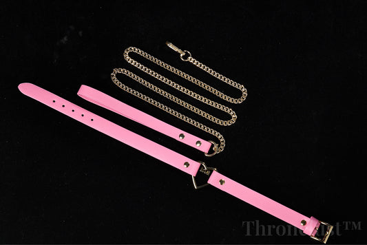 Heart-Ring PU Leather Collar with Chain Leash – Pink BDSM Restraint Accessory
