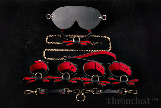 Luxury Bowknot Bondage Set – Leather Collar, Cuffs, Ankle Restraints, Leash & Eye Mask | BDSM Restraint Kit