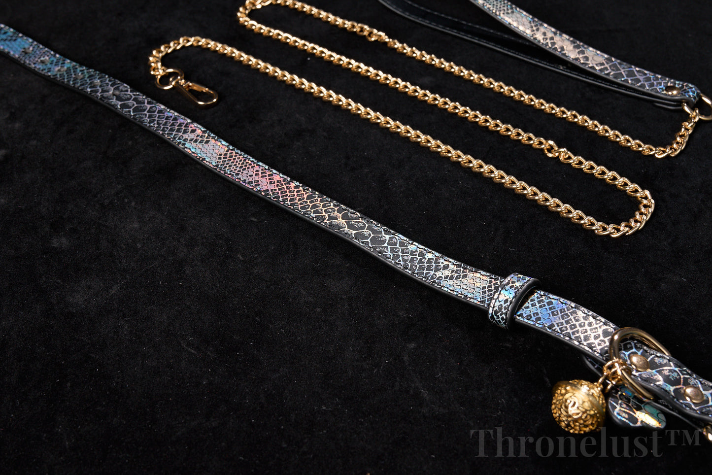 Snake-Pattern PU Leather Collar with Gold Chain Leash – Luxury BDSM Restraint | Thronelust™