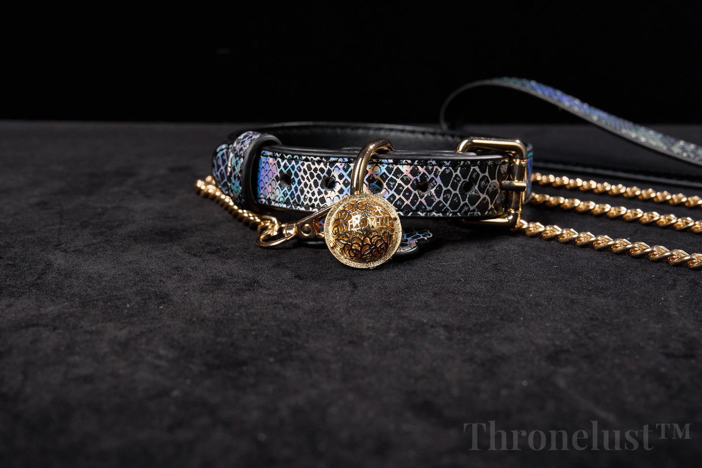 Snake-Pattern PU Leather Collar with Gold Chain Leash – Luxury BDSM Restraint | Thronelust™