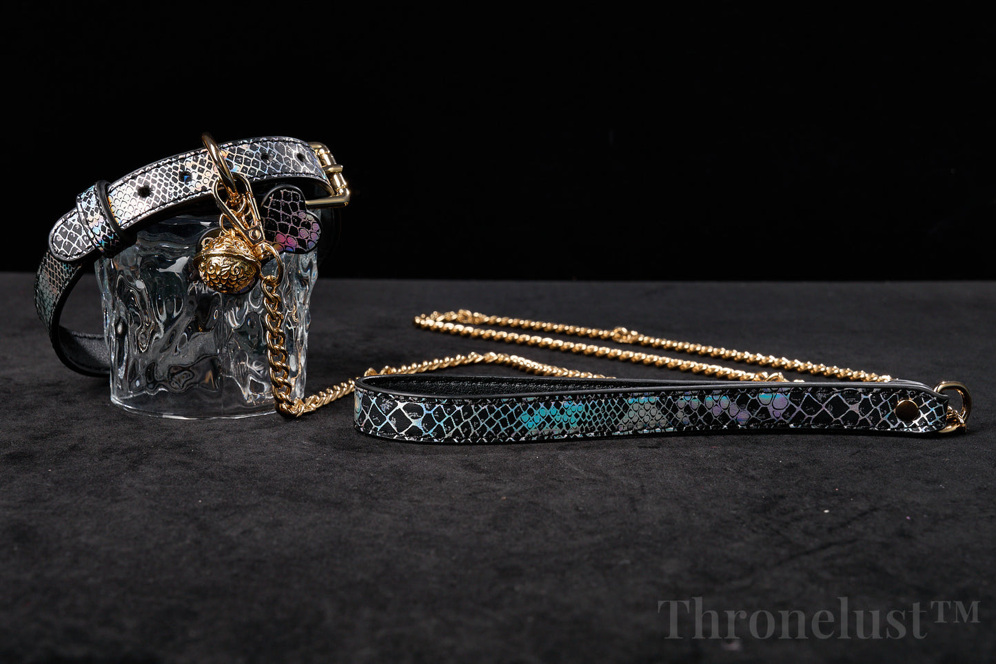 Snake-Pattern PU Leather Collar with Gold Chain Leash – Luxury BDSM Restraint | Thronelust™