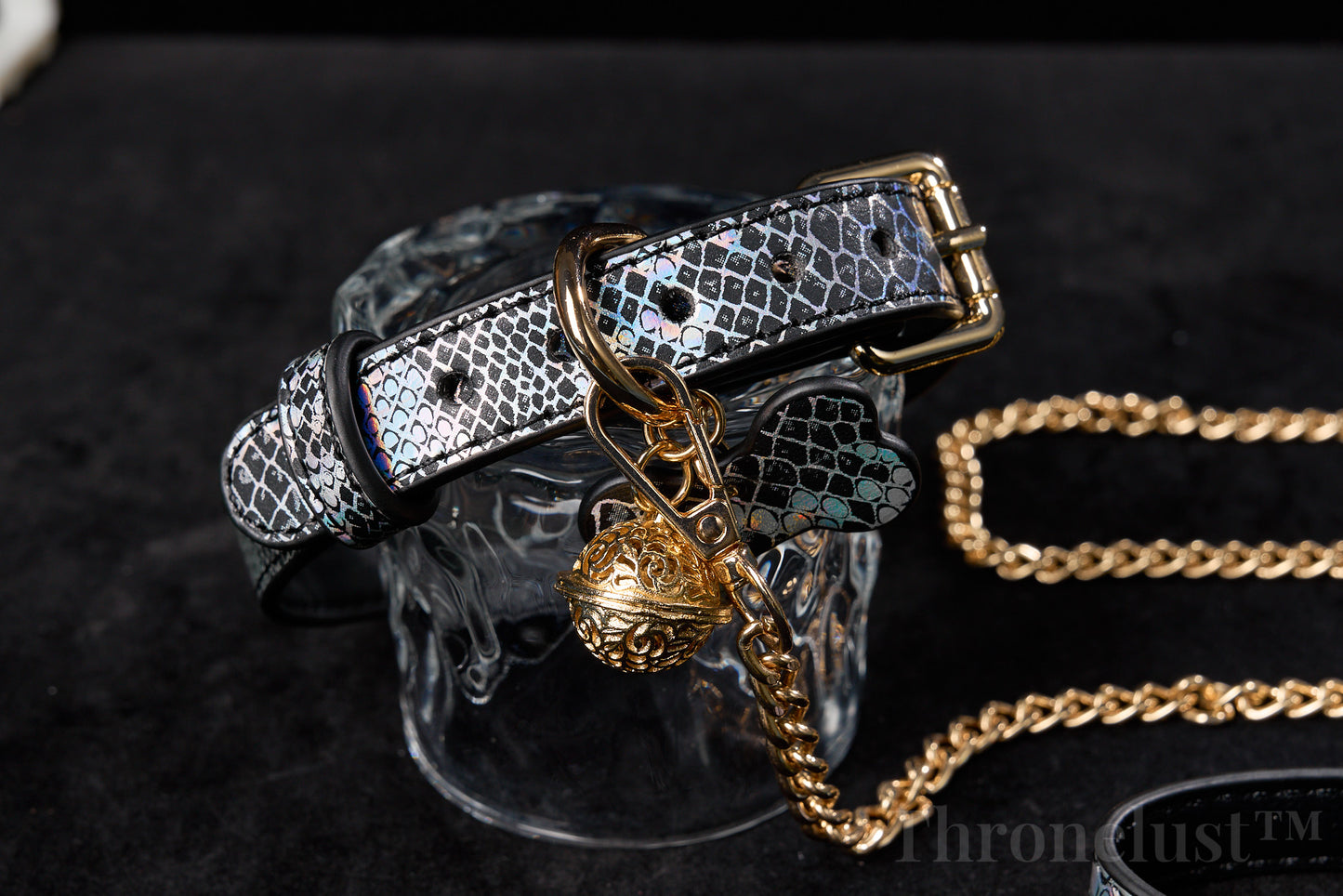 Snake-Pattern PU Leather Collar with Gold Chain Leash – Luxury BDSM Restraint | Thronelust™