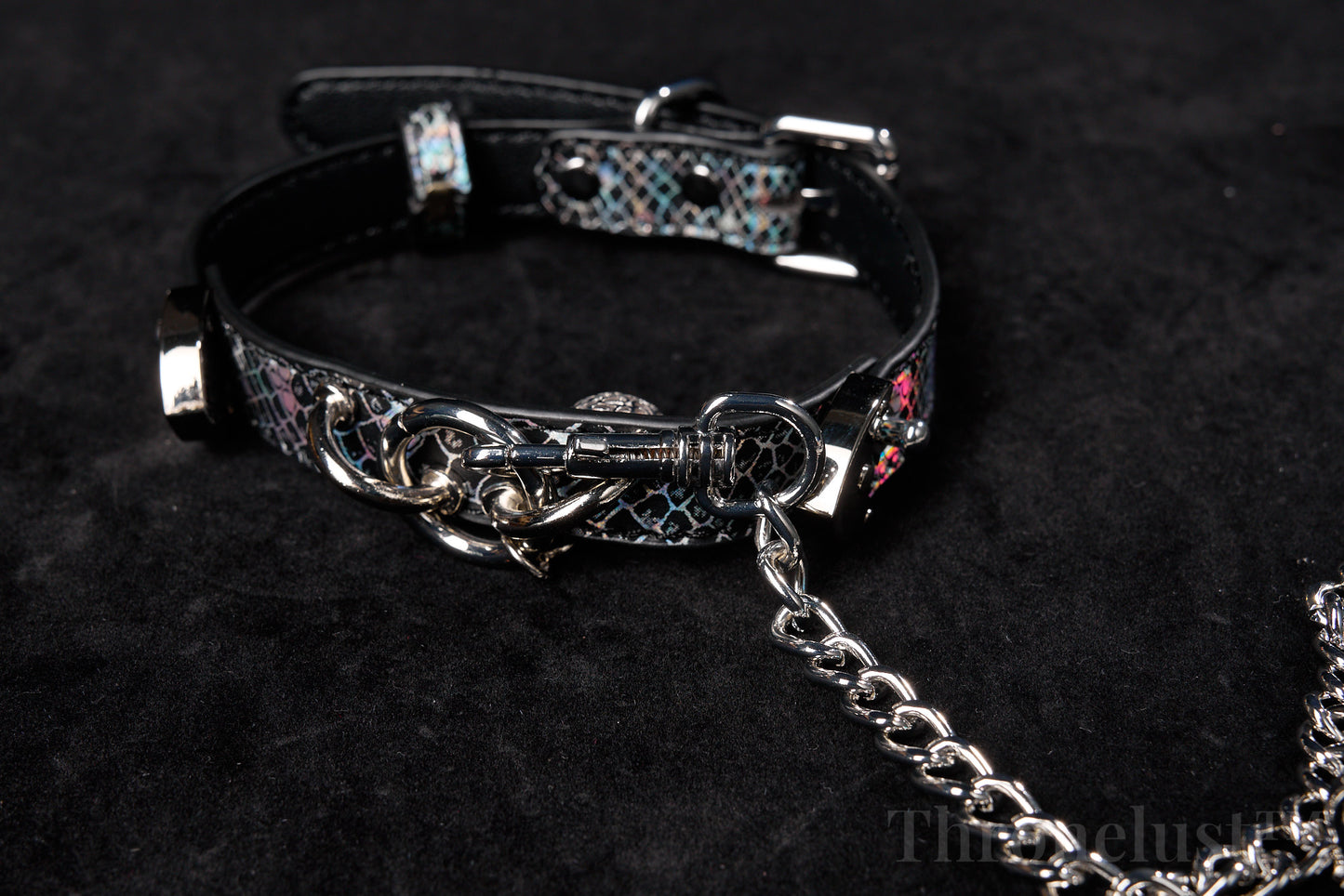 Snake-Pattern PU Leather Collar with Silver Chain Leash – Thronelust™ BDSM Puppy Play
