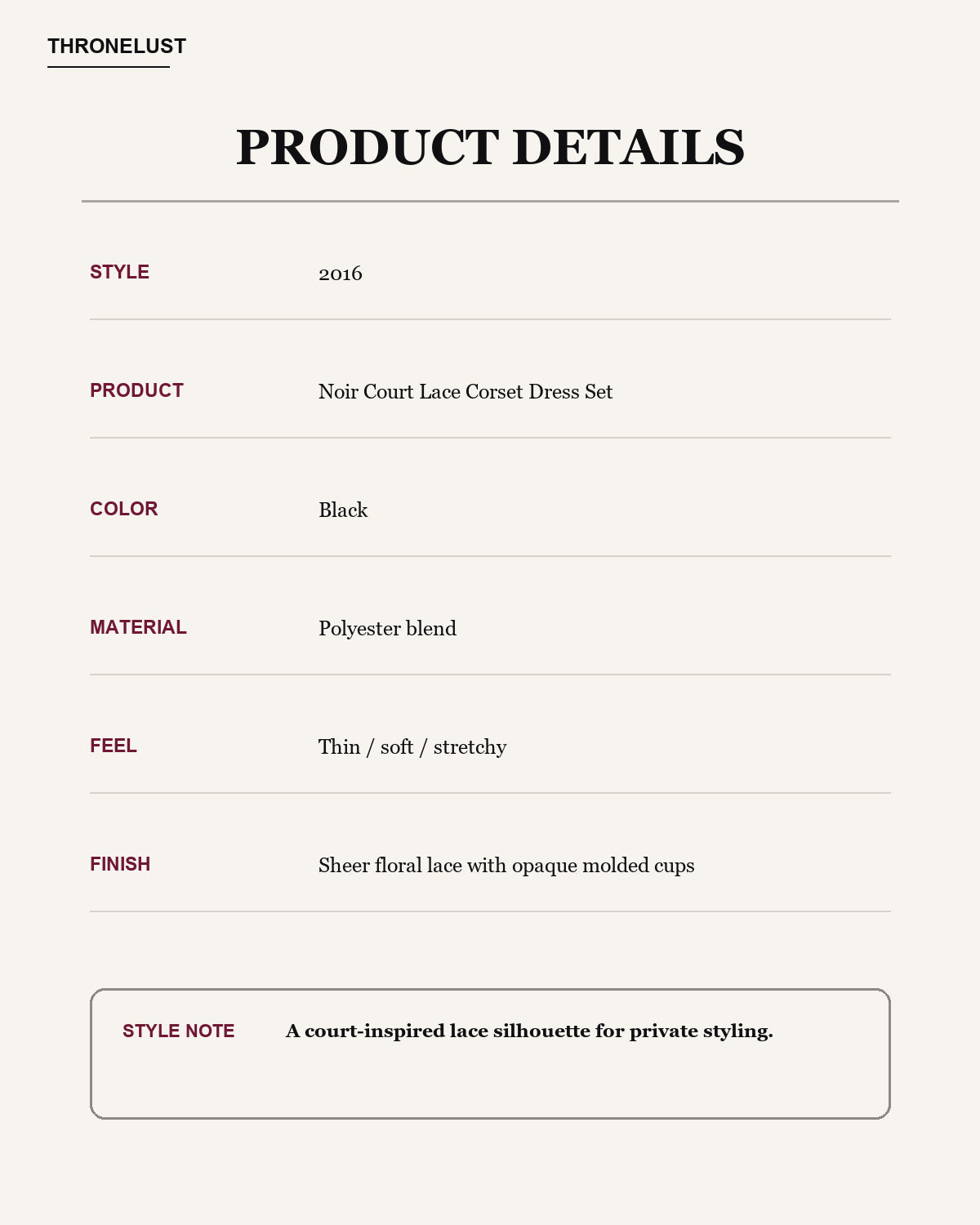 Product details for the Thronelust Noir Court black lace corset dress set, style 2016.
