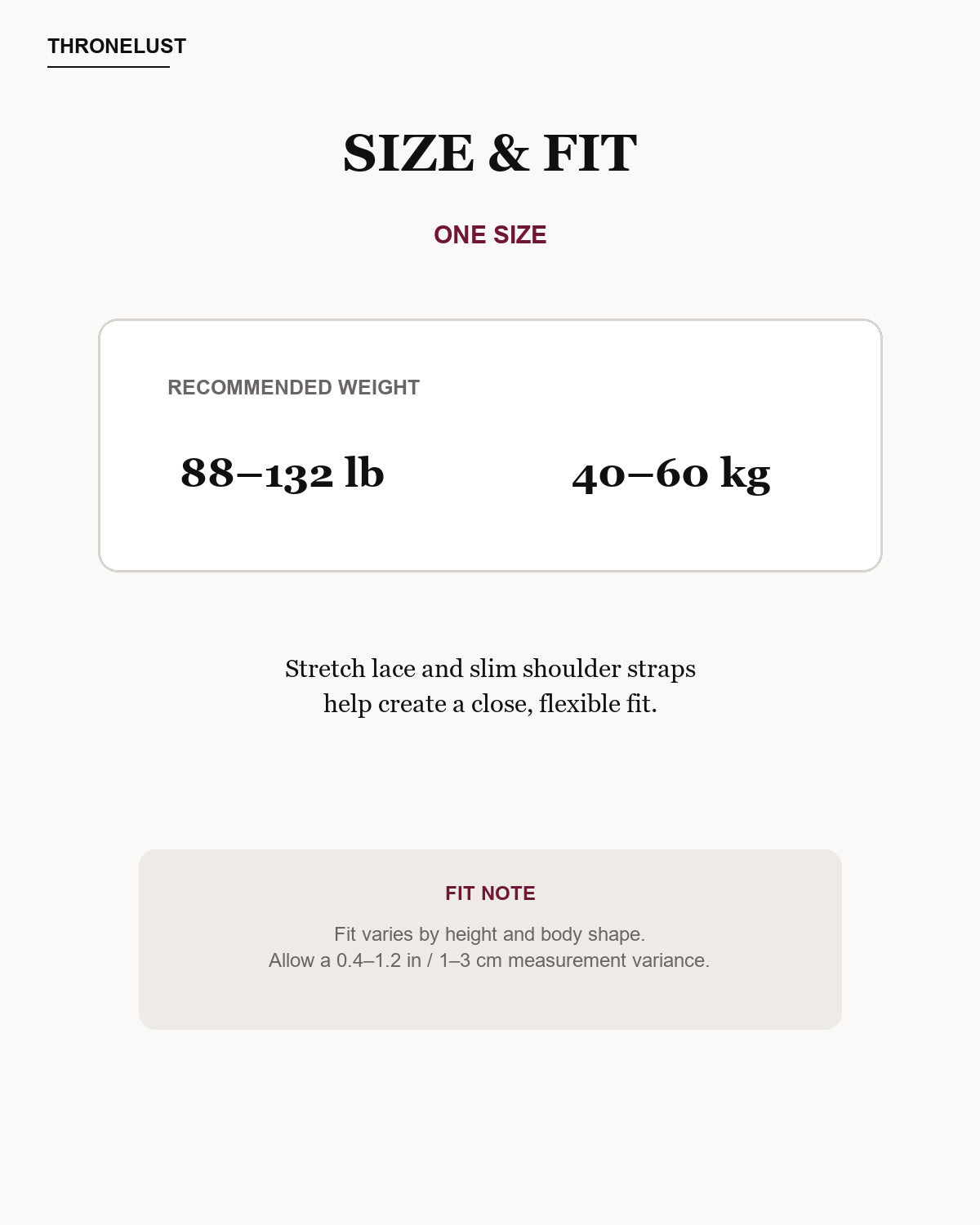 One-size guide for the Thronelust Noir Court corset dress set, recommended for 88 to 132 pounds.