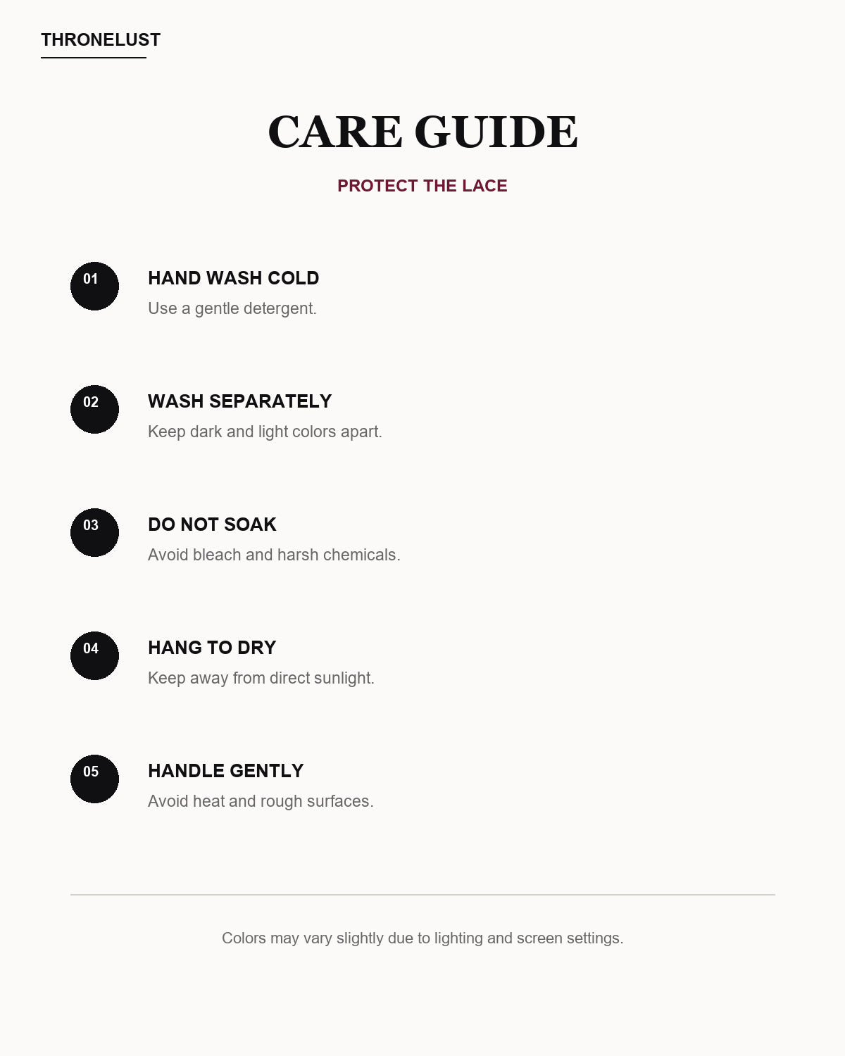 Care guide for the Thronelust Noir Court floral lace corset dress set.