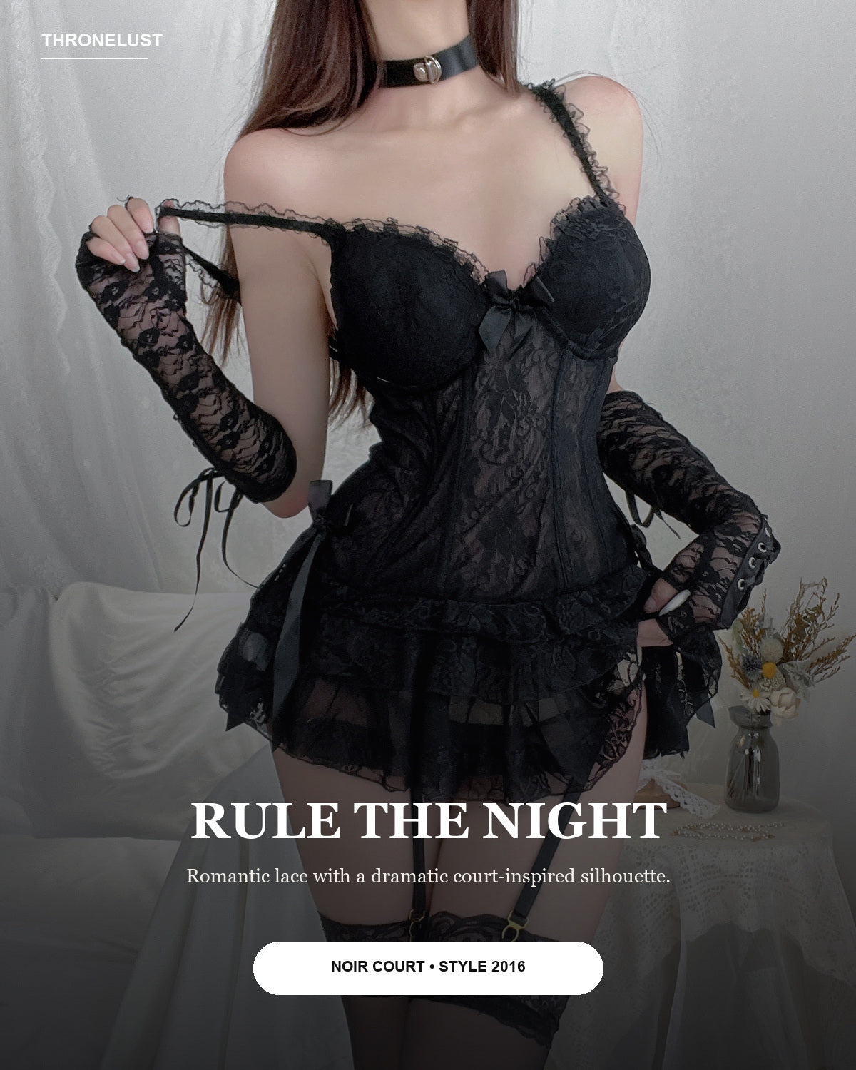 Thronelust Noir Court black floral lace corset dress set product showcase.