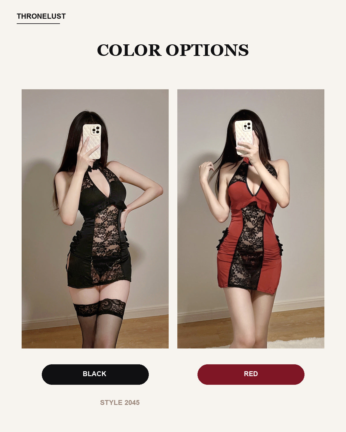 Black and red color options for the Thronelust Midnight Bloom lace halter mini dress set.