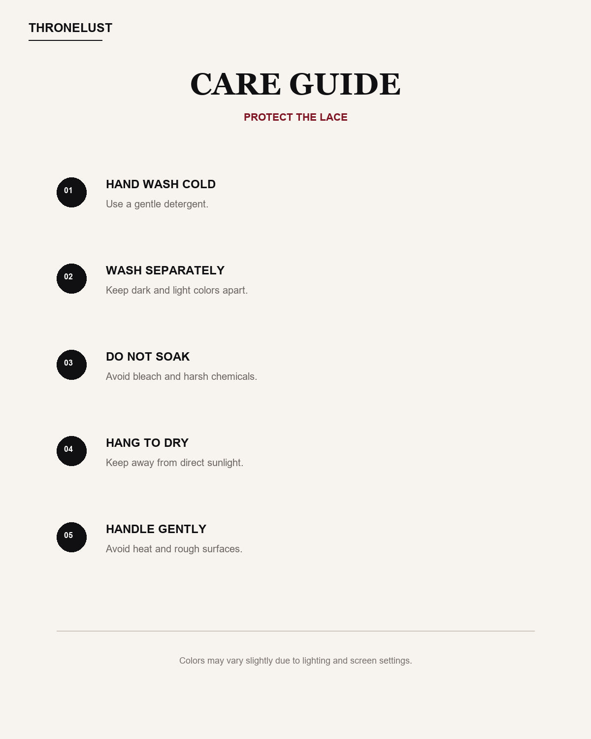 Care guide for the Thronelust Midnight Bloom satin and floral lace mini dress set.