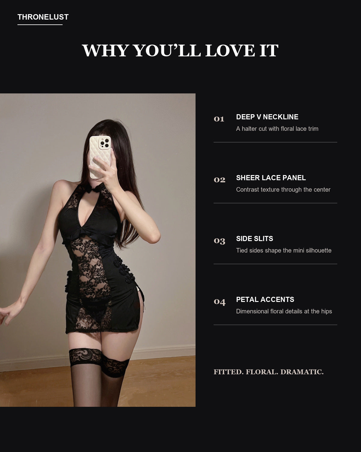 Features of the Midnight Bloom mini dress including a deep V neckline, sheer lace panel, side slits and petal accents.