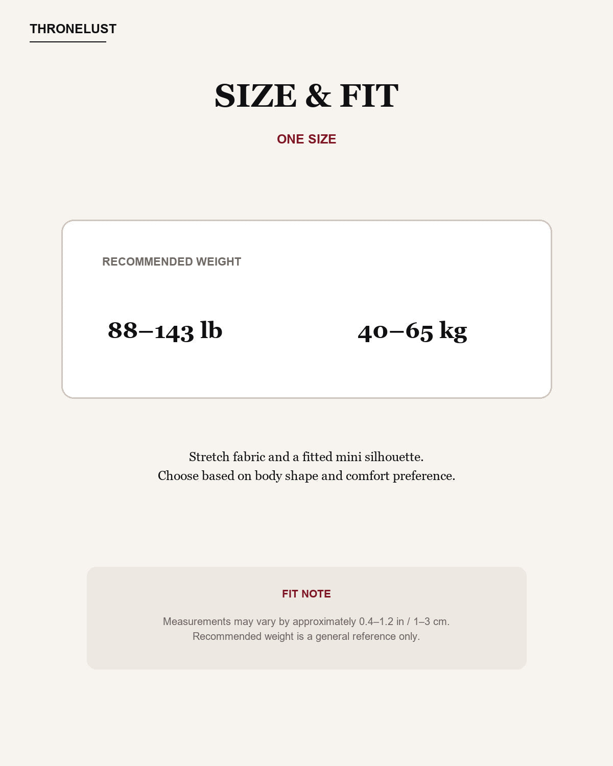 One-size fit guide for the Midnight Bloom mini dress, recommended for 88 to 143 pounds.