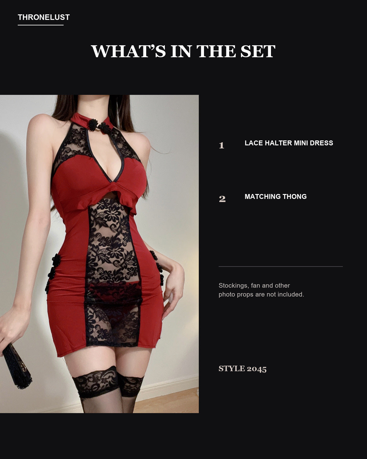 Midnight Bloom set contents: lace halter mini dress and matching thong; stockings not included.